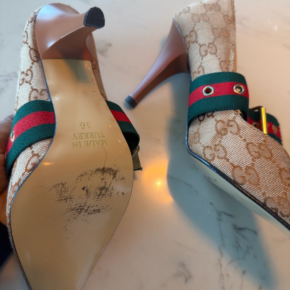 Canvas Pointed-Toe Mary Jane Pumps in Beige with Green/Red Web - Picture 3 of 5